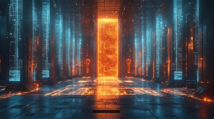 Futuristic server room portal; data streams glow