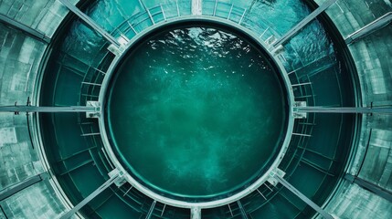 Obraz premium Industrial abstract photography, circular water treatment pool, radial steel framework, aqua green water surface, architectural symmetry, environmental facility, infrastructure art