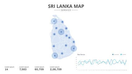Service centers are highlighted within the of Sri Lanka Infographic map. Business Infographic Map of Sri Lanka. Vector Map of a Sri Lanka map. Easy to edit