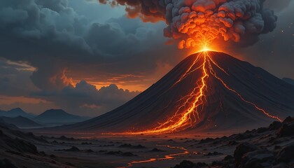 Eruption of a Volcano at Sunset, Fiery Lava Flowing Down the Mountainside, Dramatic Cloudscape, Volcanic Ash, Dark Landscape