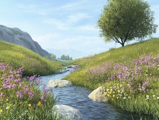 Nature walks along scenic trails with gentle streams and colorful wildflowers, highlighting peaceful moments of reflection and connection.