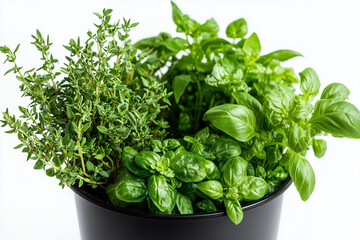 Naklejka premium Selective focus mixed herb in gardening pot isolated on white background, Close up shot mixed salad in bucket on white, Aromatic leaf for cooking.