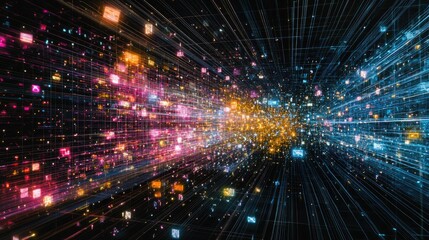 Obraz premium A futuristic, abstract representation of a floating geometric structure composed of layered white and metallic panels with illuminated circuit patterns.