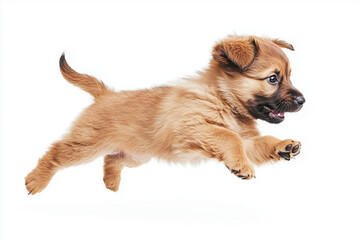 Obraz premium Selective focus jumping puppy for commercial advertisement isolated on white background, Portrait of happy dog jumping on white, Fun play dog.