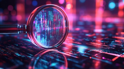 Data analysis magnifying glass; digital city background