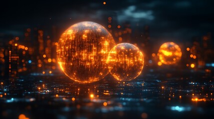 Fototapeta premium Luminous Orange Spheres Above a Futuristic Cityscape