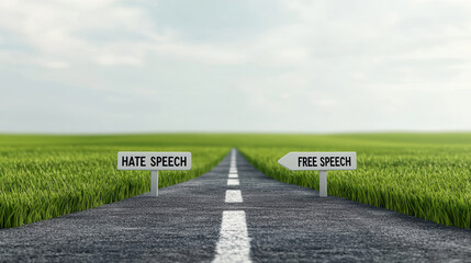 A road divides into two paths, marked "Hate Speech" and "Free Speech," set against a grassy landscape under a clear sky
