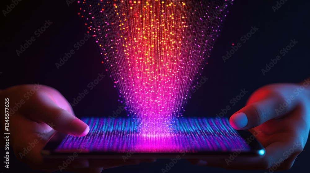 Poster colorful data stream emanating from a smartphone held in hands.