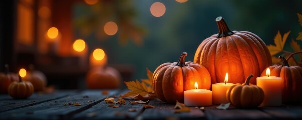 A warm and cozy scene of pumpkins and candles lit up at dusk, cozy space, evening light