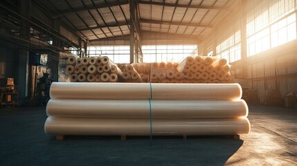 Large plastic rolls in a factory warehouse stacked neatly for processing