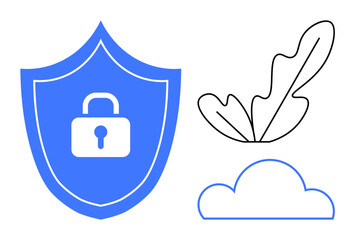Blue shield with a lock on it, adjacent to a black outlined leaf and a blue outlined cloud. Ideal for security, protection, environment, cloud computing, data privacy, nature conservation, tech