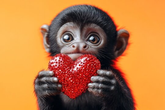 Cute capuchin baby with sparkling rhinestones red heart - emblem of love, funny greeting card. Ad campaign graphic picture. Digital ads concept design. Capuchin - my beloved animal.