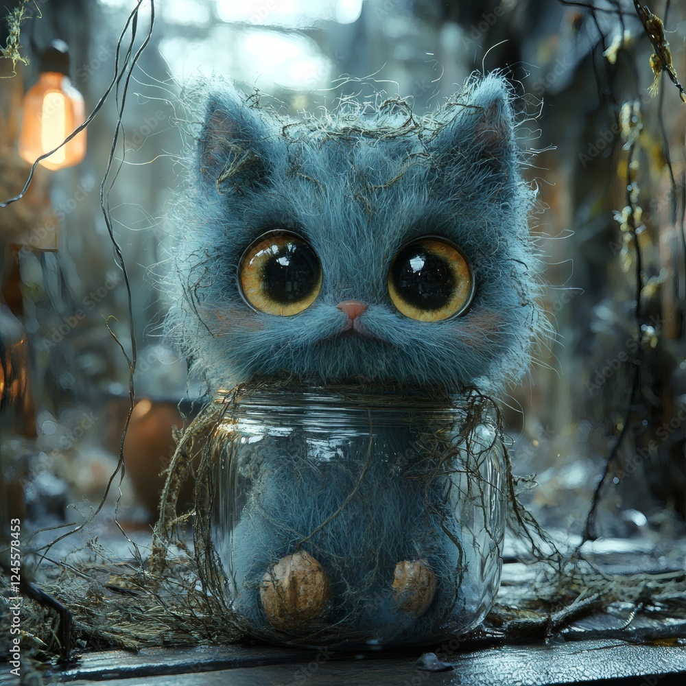 Aufkleber cute character with expressive eyes trapped in a clear glass bottle surrounded by a dark mysterious 