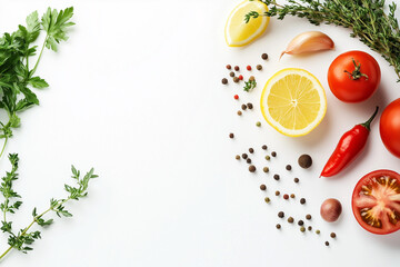 Top view varies of spice isolated on white background, Selective focus varies of spice and herb on white background, Cooking ingredient with variety of spice.