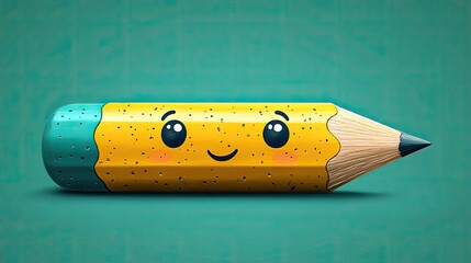 Cheerful cartoon pencil character resting on a textured teal background, evoking creativity and fun