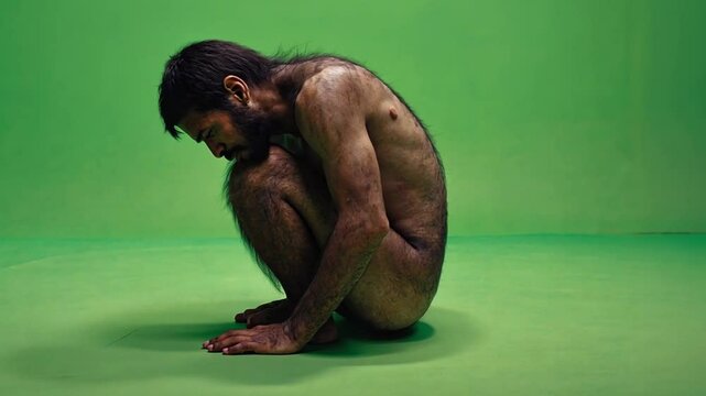 Primitive Hominid: A solitary hominid figure hunched over on a green screen backdrop evokes a sense of primal vulnerability and human origins. This image.