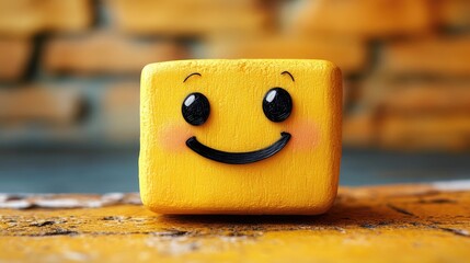 Cheerful yellow block character with a smile, set against a rustic brick wall background