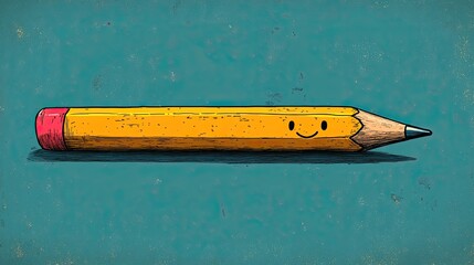 Cartoon-style yellow pencil with a smiling face on a textured turquoise background