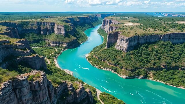 Aerial view of the breathtaking Xingo Canyons in Aracaju, Brazil with winding river, Aracaju, turquoise water, Xingo Canyons