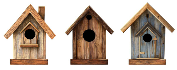 Charming Birdhouse Trio, A Minimalist White Background Composition Featuring Unique Wooden Designs and Details