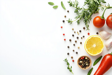 Top view varies of spice isolated on white background, Selective focus varies of spice and herb on white background, Cooking ingredient with variety of spice.