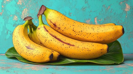 Fresh ripe bananas arranged on a green leaf with a textured turquoise background