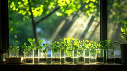 Sunlit seedlings sprouting in glass jars on windowsill, nature backdrop
