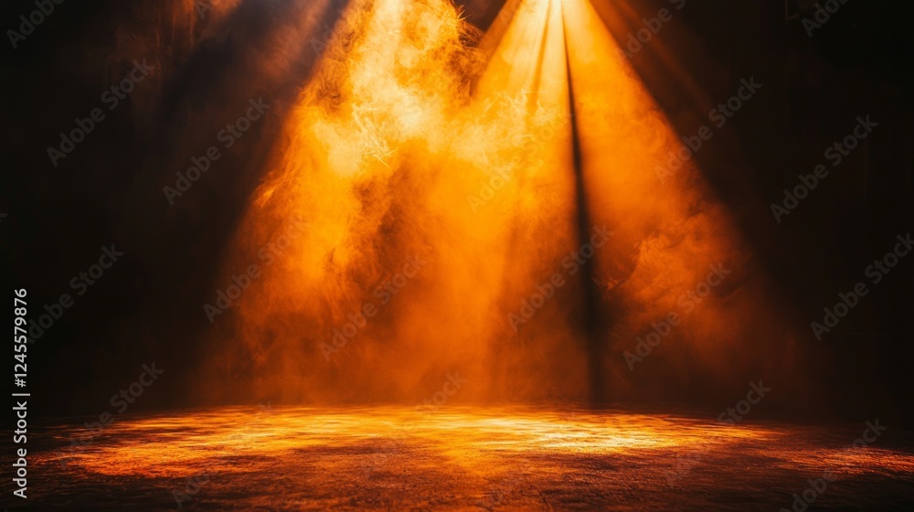 Poster soft orange light cascades through a foggy space, enhancing the mood for an artistic performance. sh