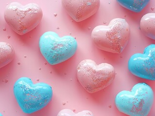Obraz premium heart shaped blue and pink candies on pink background. 3D