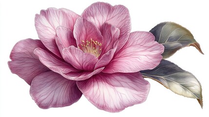 Beautiful pink camellia flower with delicate petals and green leaves on a white background