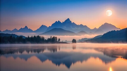 Obraz premium Serene sunrise over a tranquil lake reflecting majestic mountain peaks and a full moon in the sky