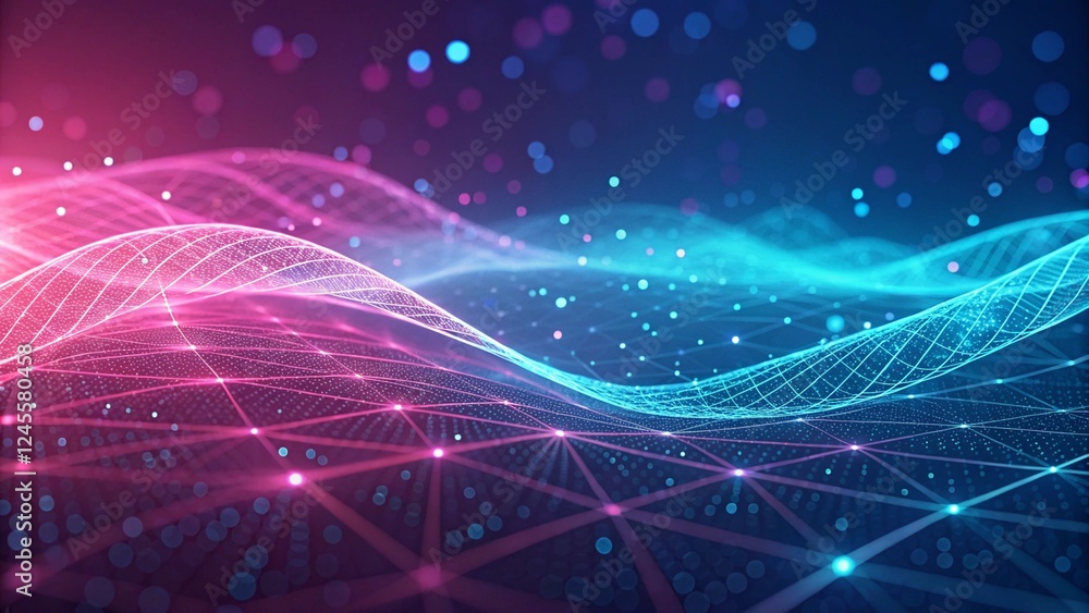 Poster 3d render, abstract background with pink, blue glowing neon lines and bokeh lights. data transfer co