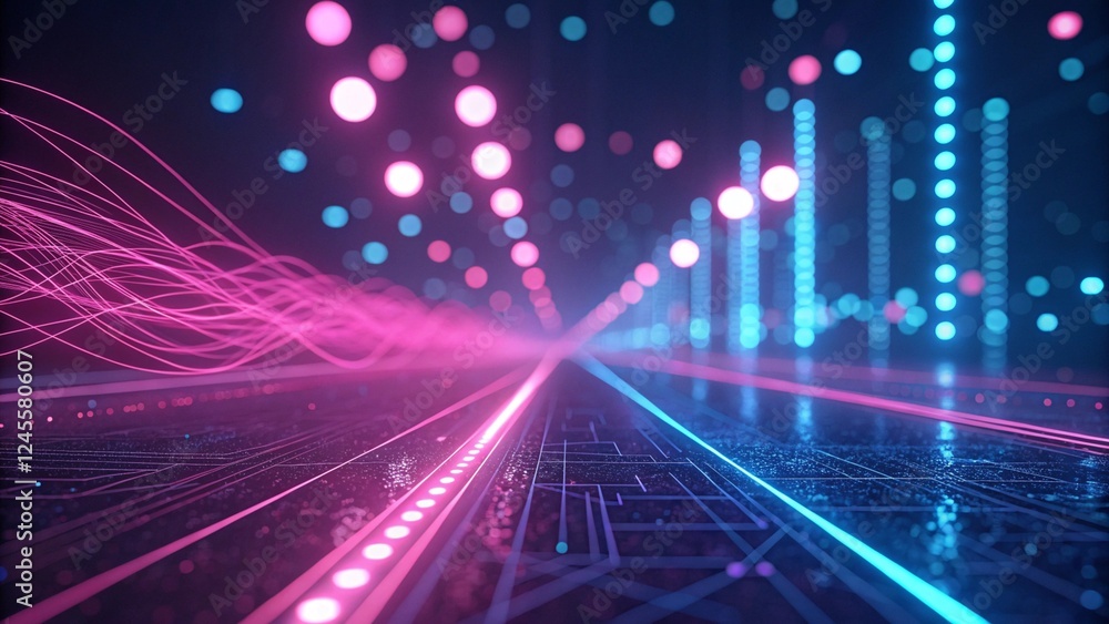 Poster 3d render, abstract background with pink, blue glowing neon lines and bokeh lights. data transfer co