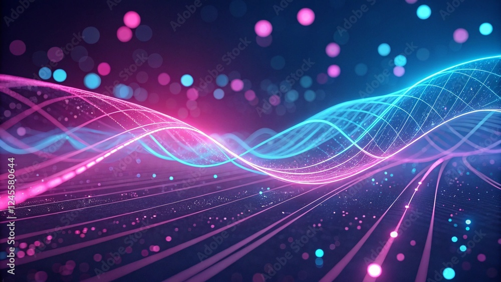 Poster 3d render, abstract background with pink, blue glowing neon lines and bokeh lights. data transfer co