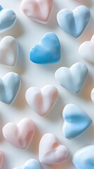 heart shaped light blue and light pink candies on white background. 3D