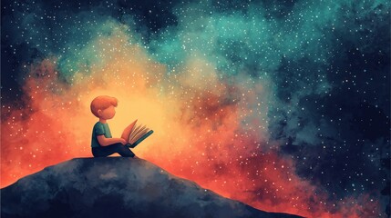 A young boy sits on a rock, absorbed in a book against a vibrant cosmic background, symbolizing imagination and exploration.