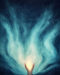Fototapeta premium A pair of hands reaches up towards a swirling, ethereal glow against a starry sky, symbolizing hope and connection to the universe.