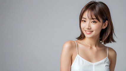 Fototapeta premium Portrait of a young Japanese woman in camisole smiling in white background with a blank space for text