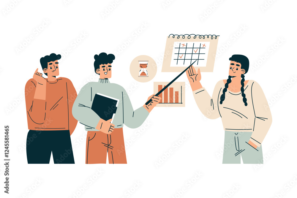 Aufkleber time management with man and woman character at calendar organizing efficient business process vecto