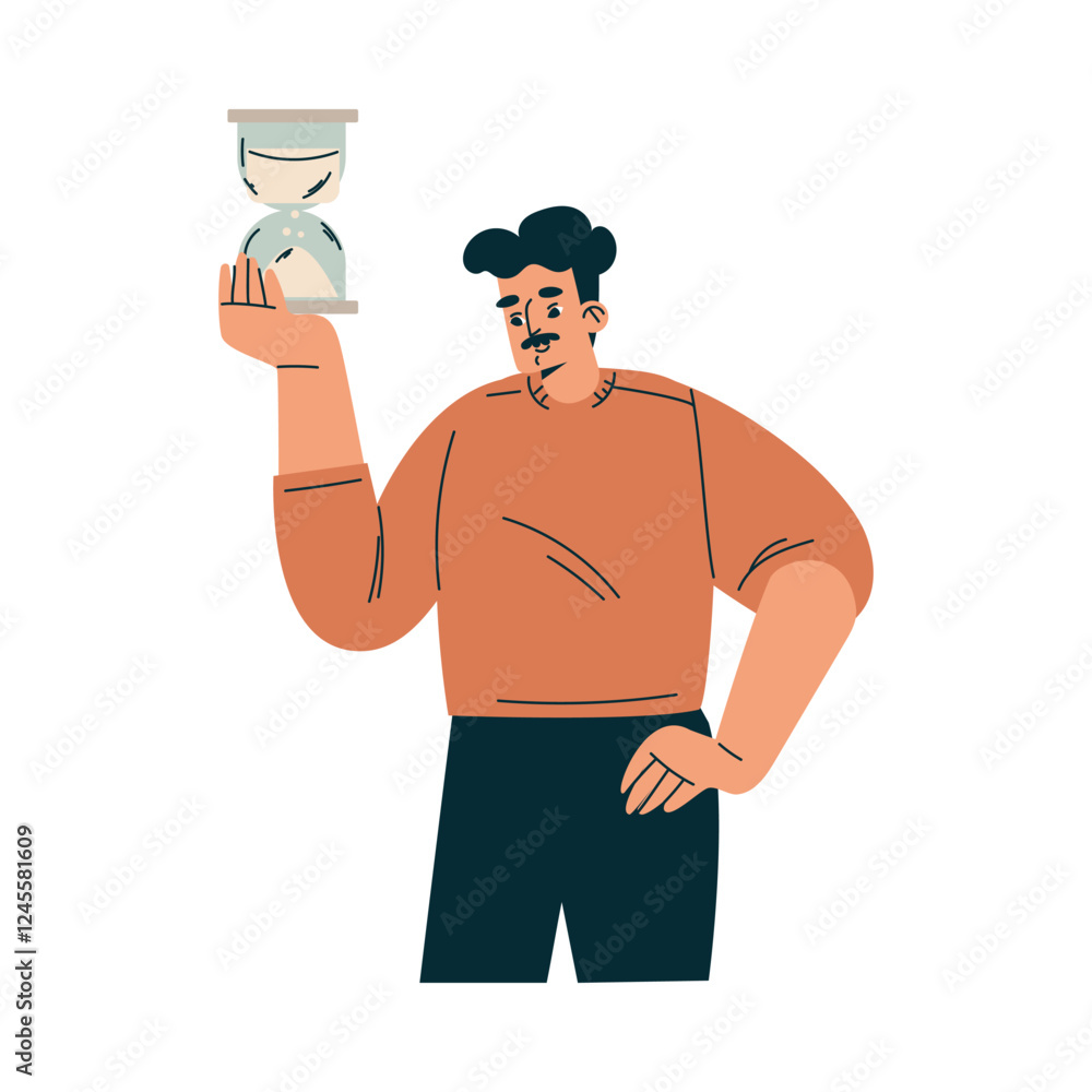 Poster time management with man character with hourglass organizing efficient business process vector illus