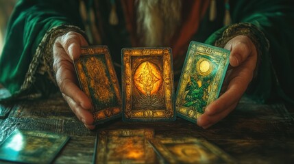 Mystic hands presenting three tarot cards.