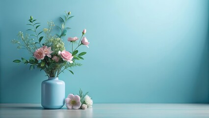 Obraz premium Pastel Pink Blooms in a Light Blue Vase Against a Teal Wall