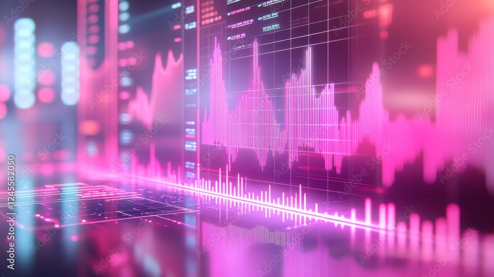 Poster a vibrant digital display showing data trends with pink and blue tones, featuring waveforms and grap
