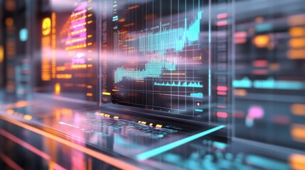 A vibrant digital interface displaying data analytics and graphs, showcasing modern technology's role in data visualization.