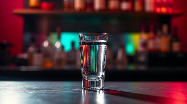 Shot glass of vodka on a bar counter with colorful lights - Powered by Adobe