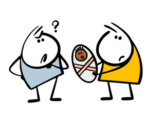 Wife shows her husband a newborn baby. Vector illustration of a man perplexed, a boy is Black, and his parents are Europeans. Isolated funny character on white background.