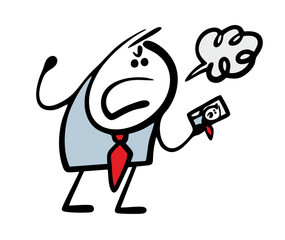 Angry boss in  business suit aggressively yells at his subordinate or partner. Vector illustration of bad business relations with colleagues. Isolated funny character on white background.
