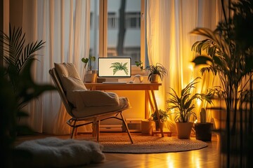 Cozy room, plants, laptop, chair, warm lighting.