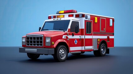 Red emergency ambulance vehicle parked on a blue background with no visible surroundings
