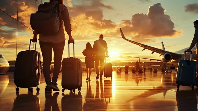 Passengers are walking on the airport terminal tarmac at sunset with an airplane taking off in the background video 4K